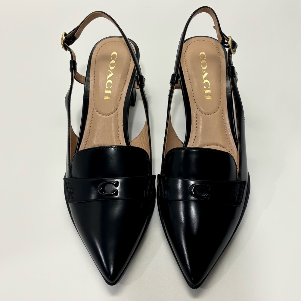 Coach Black Leather Pointed Slingback Loafers with Logo Band - Picture 2 of 5